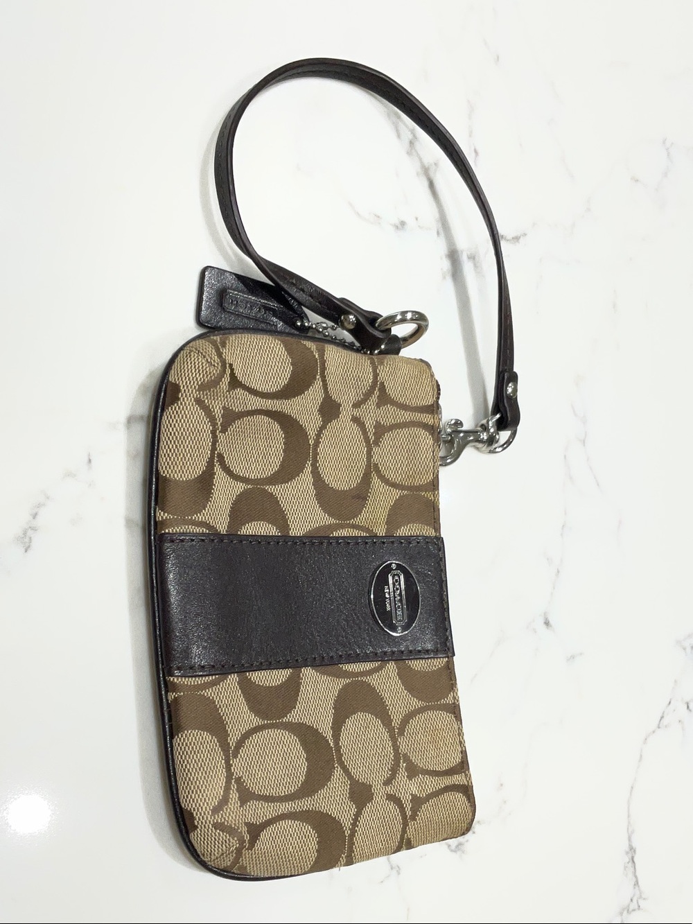 Coach Tan & Dark Brown Signature Canvas Wristlet with Leather Strap